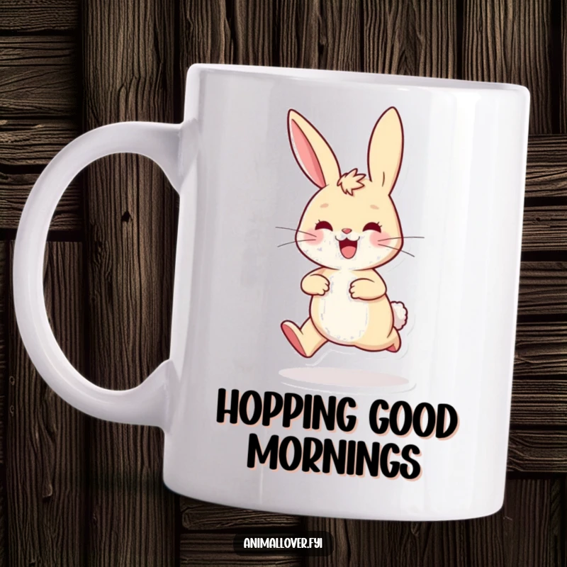 Funny playful rabbit mug hopping excitedly with ears perked high, embodying pure joy and energetic movement.