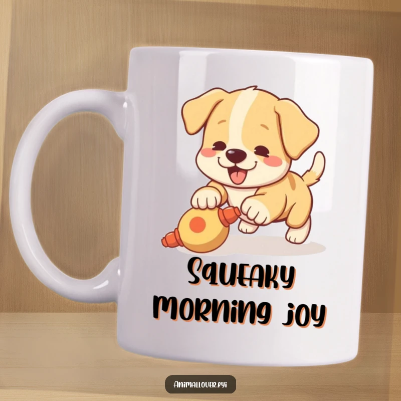 Funny mug showing an energetic puppy with a wagging tail excitedly pouncing on a squeaky toy, full of life.