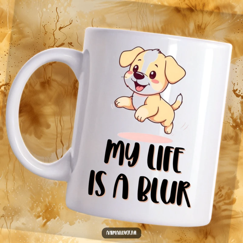 Funny puppy mug showing a content dog chasing its tail in a comical frenzy, perfect for enthusiasts of playful pets.