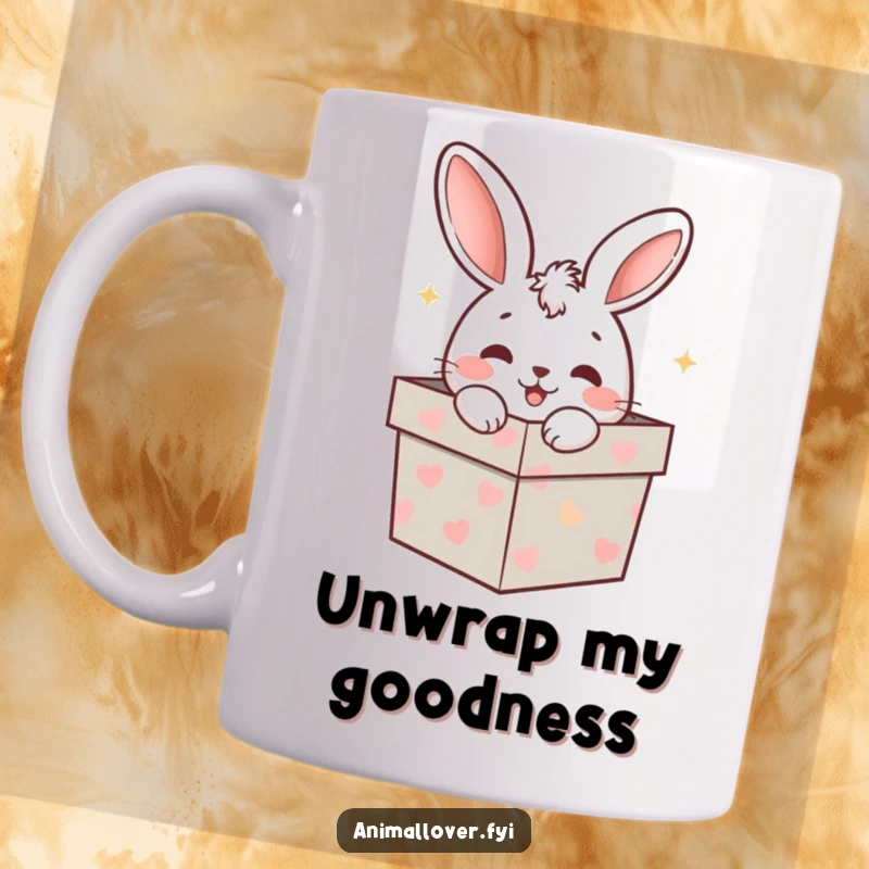 Funny rabbit character with wide, delighted eyes peeking out from a colorful gift box, a charming and funny mug.