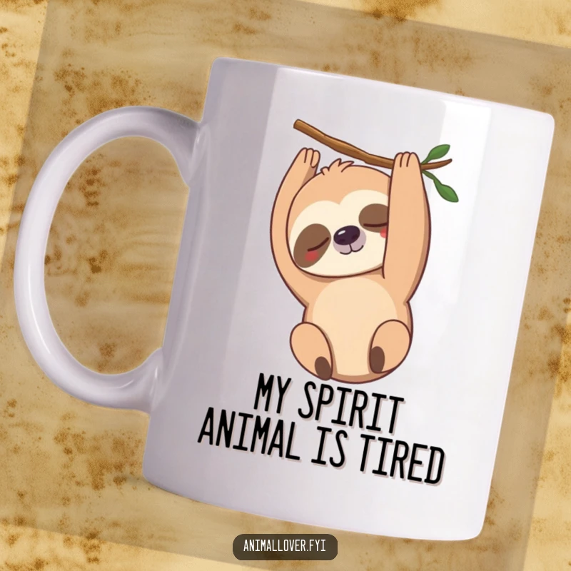 Funny sloth mug with a gentle smile, hanging upside down, radiating pure relaxation and morning calm.
