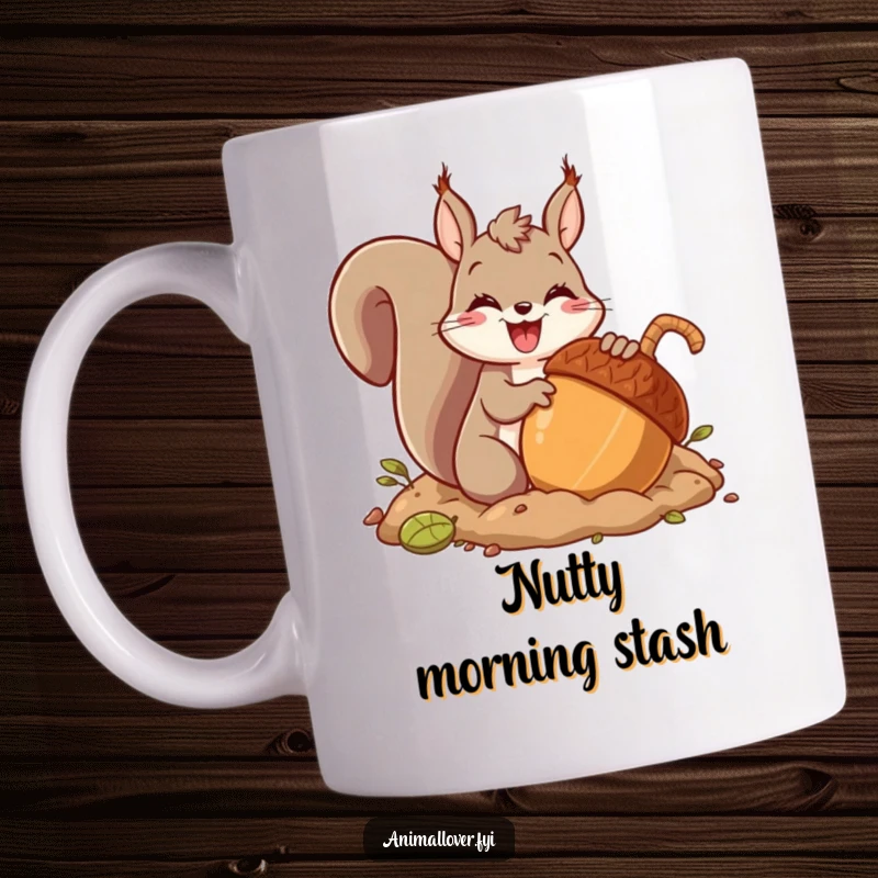 Funny mug featuring an ecstatic squirrel character enthusiastically burying a comically large acorn, symbolizing peak preparation and joy.