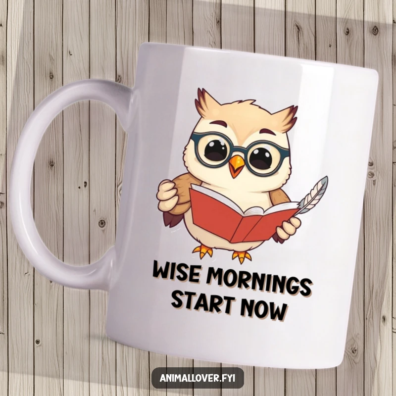 Funny mug featuring a wise owl wearing spectacles, engrossed in an open book with a feather quill, exuding scholarly charm and humor.