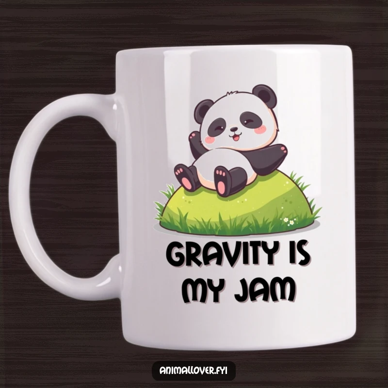 Funny mug featuring a joyful panda tumbling down a green hill, embodying pure, unadulterated fun and free spirit.