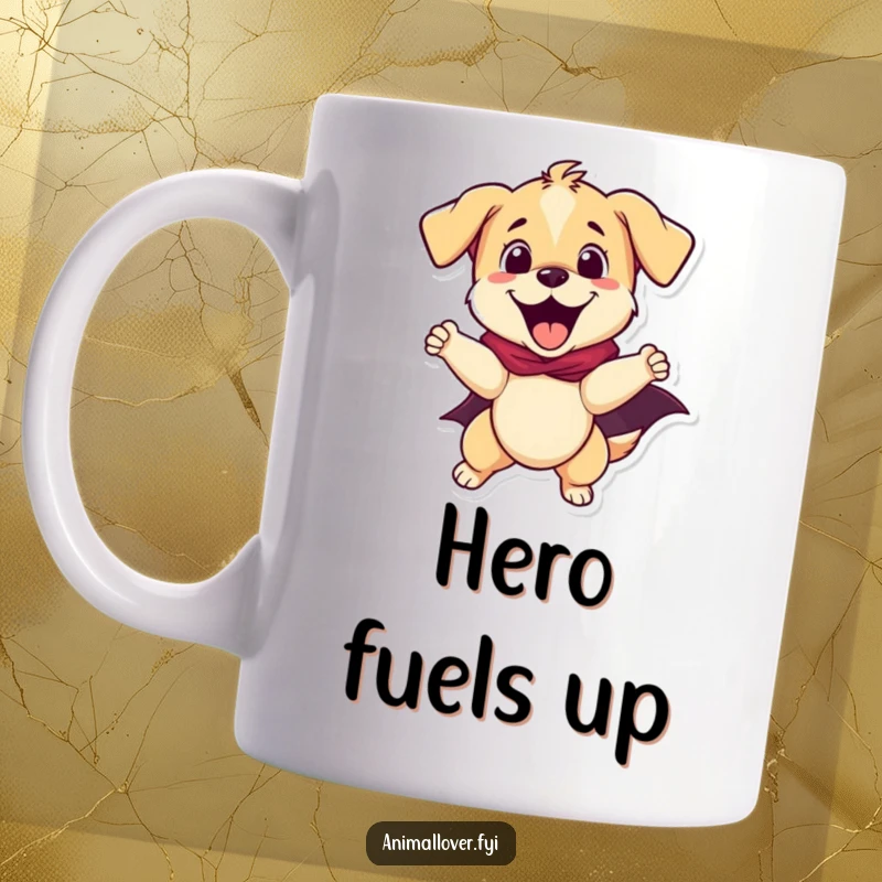 Funny, excited puppy wearing a red superhero cape, ready for action, on a mug, a perfect funny gift.