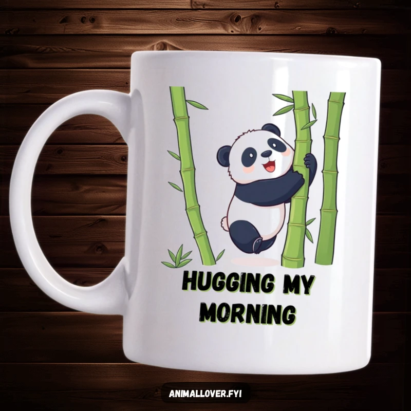 Funny Mug featuring a playful panda enthusiastically hugging a giant bamboo stalk, showing determination and joy.