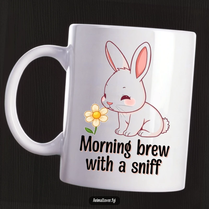 Funny rabbit mug showing a curious bunny with a twitching nose exploring a vibrant flower, capturing nature's charm.