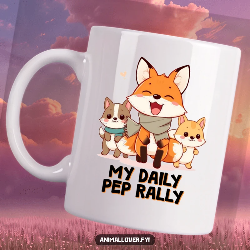 Funny Mug: Enthusiastic fox in scarf leads a cheerful parade of diverse animals, showcasing joy and camaraderie.
