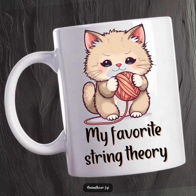 Funny mug design of a fluffy cat playfully entangled in a ball of yarn, looking mischievous and happy, perfect for cat lovers.
