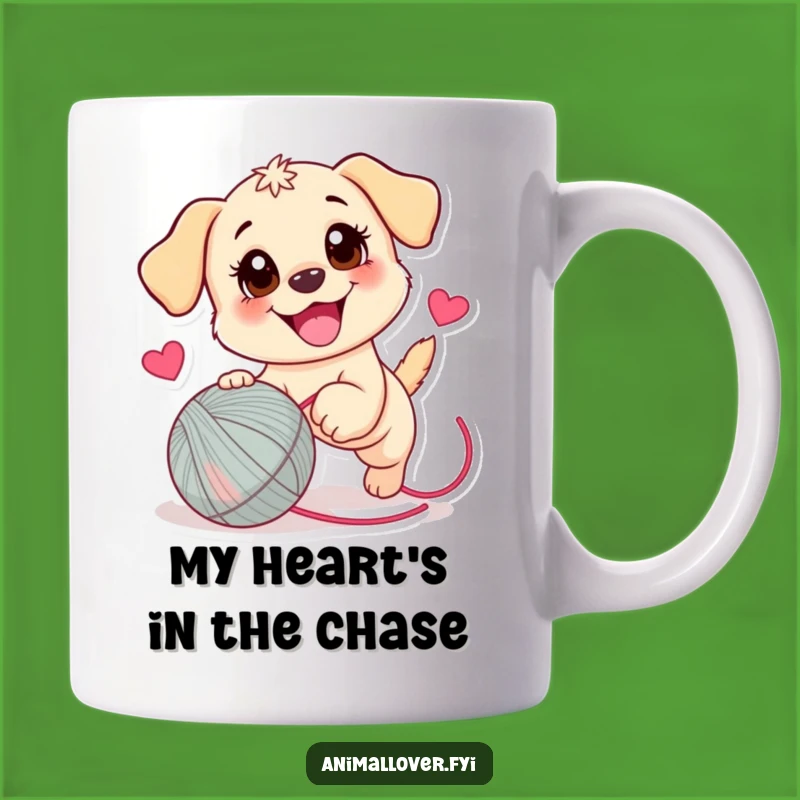 Funny Puppy Yarn Ball Mug: Adorable Joyful Pup Chasing Love Hearts - Perfect Gift