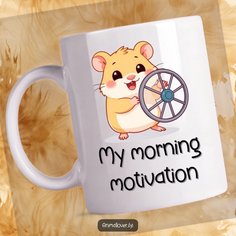 Funny mug featuring a smiling hamster gripping a miniature toy wheel, prepared for a vigorous, tiny workout session.
