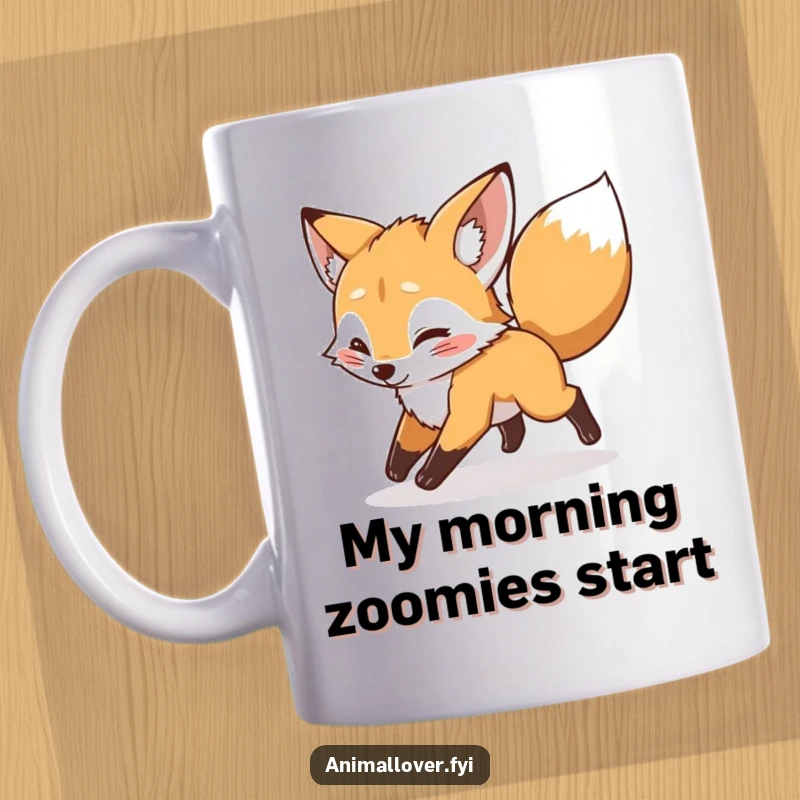 Funny mischievous fox cub chasing its tail on a mug, showing playfulness and energy, a perfect funny gift.