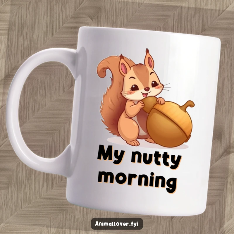 Funny mug showing a determined squirrel joyfully hoarding a massive acorn, symbolizing abundance and preparedness. A humorous present.