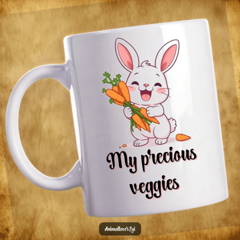 Funny mug featuring a happy rabbit character excitedly holding a massive bouquet of carrots like precious treasure, symbolizing pure joy.