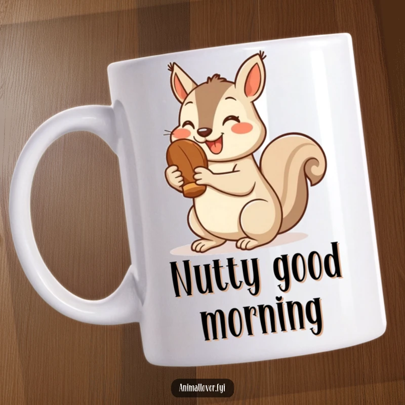 Funny squirrel mug with a happy squirrel holding a nut and giving a big thumbs up, radiating positivity and satisfaction.