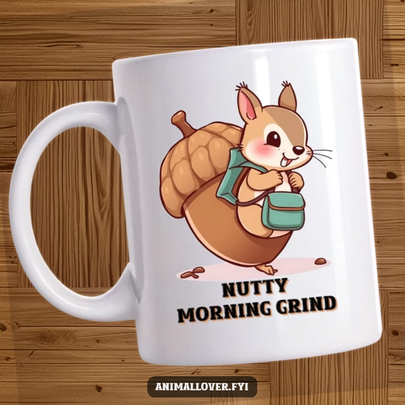 Funny mug depicting a cheeky squirrel with a tiny backpack, adventurously climbing a giant acorn.
