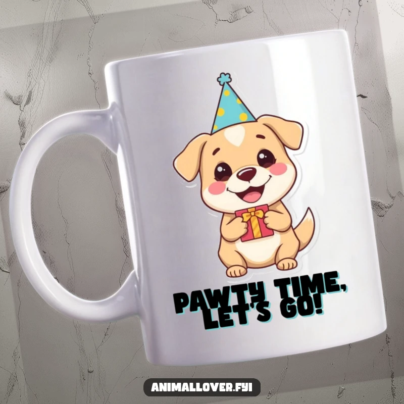Funny dog mug with a happy golden retriever wearing a colorful party hat and holding a wrapped gift, ready for celebration.
