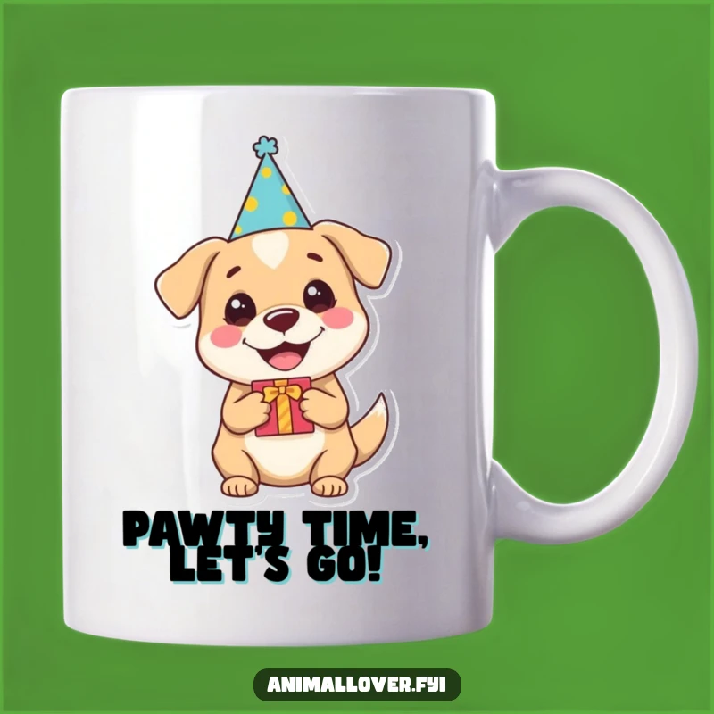 Funny Dog Party Gift Mug: Happy Pup with Hat & Present, Perfect Gift