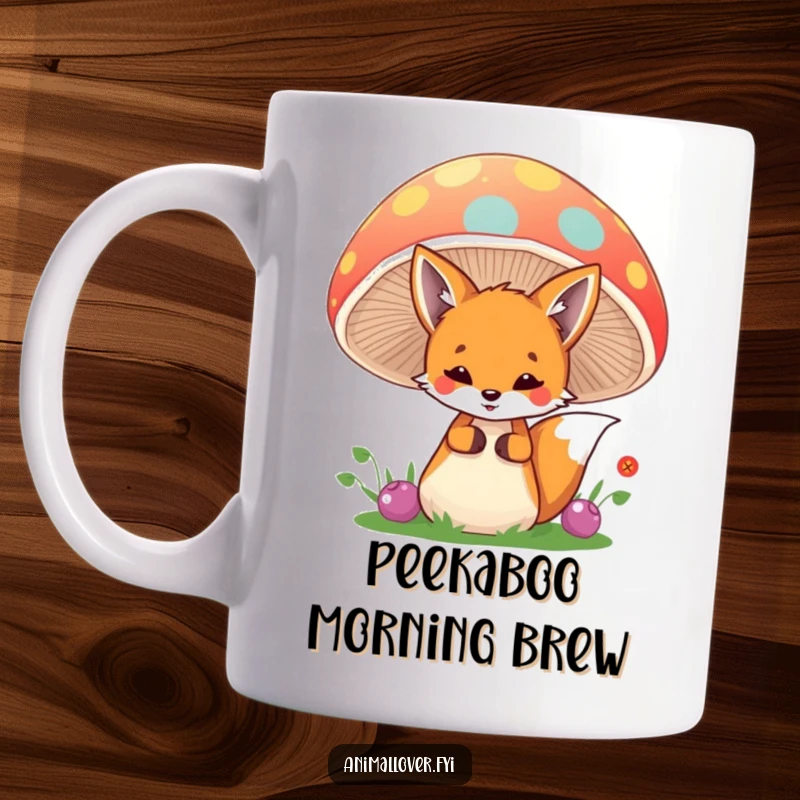 Funny fox mug showing a playful creature peeking from behind a large, colorful mushroom, evoking forest magic and charm.