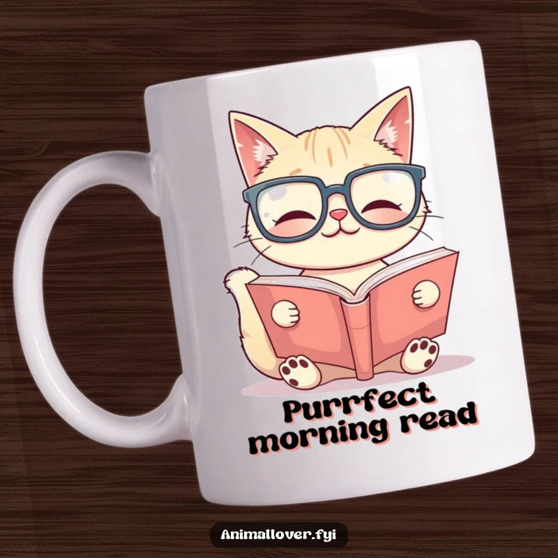 Funny Mug: A smiling cat sports oversized glasses and intently reads a large book, embodying studious and cozy feline charm.