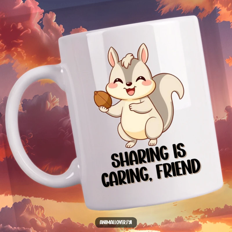 Funny mug design of a happy squirrel offering a nut with a wide, friendly smile, conveying warmth and humor.