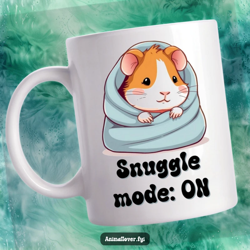 Funny mug featuring a content guinea pig snuggled deeply into a soft, plush blanket, radiating warmth and peace.