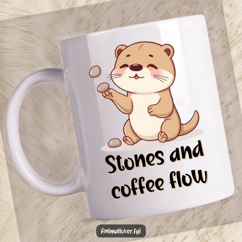 Funny otter mug showing a curious otter masterfully juggling small, smooth stones with playful concentration.