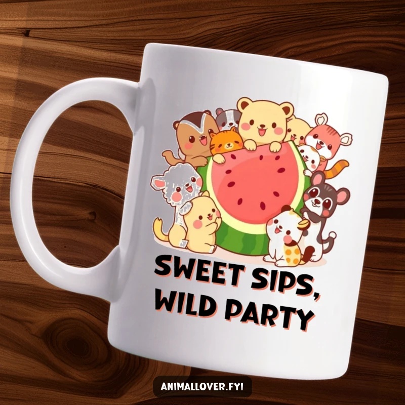Funny mug featuring a vibrant group of diverse animals joyfully sharing a massive slice of watermelon, embodying playful camaraderie and summer fun.