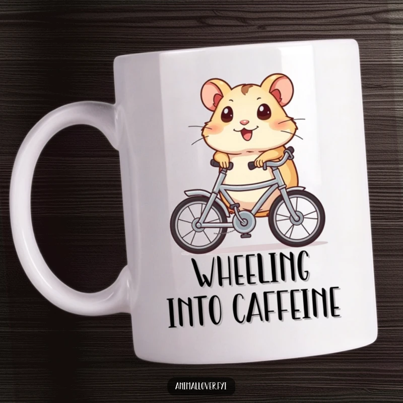 Funny Mug showing a delighted hamster with big eyes, enthusiastically pedaling a miniature bicycle, full of pure excitement.