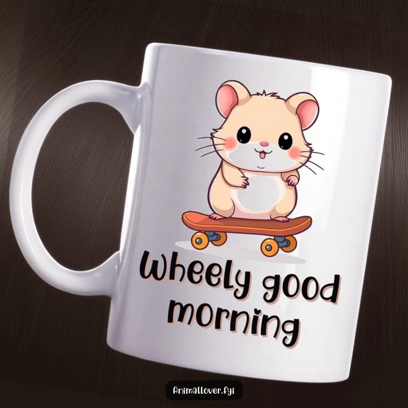 Funny mug showing a playful hamster confidently riding a tiny skateboard, radiating cool and adventurous spirit.