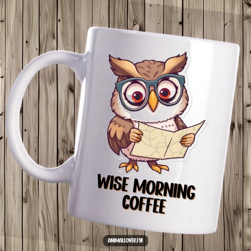 Funny mug showing a curious owl wearing spectacles, intently peering at an old map, symbolizing wisdom.