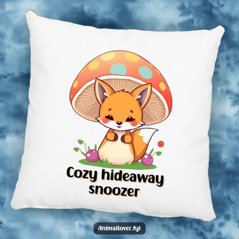 Funny fox pillow illustrating a playful fox peeking from behind a colorful mushroom, adding whimsical charm to any room.