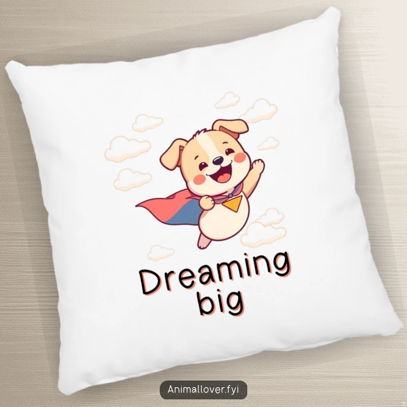 Funny pillow with a happy dog in a cape flying through clouds, perfect for adding comfort and humor.