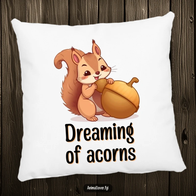 Funny pillow with a squirrel hoarding a giant acorn, offering comfort and a humorous theme. A delightful decorative item.