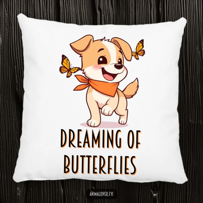 Funny pillow featuring a happy dog wearing a bandana, wagging its tail with pure delight while chasing a butterfly.