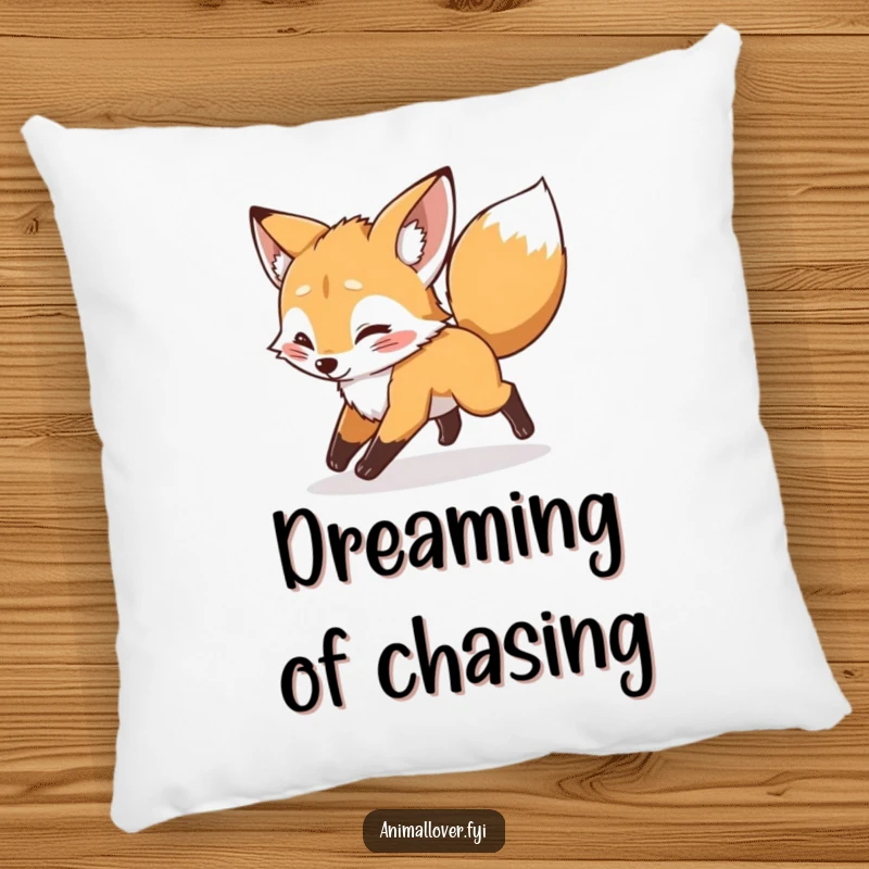 Funny mischievous fox cub chasing its tail on a pillow, offering comfort with a playful and humorous touch.