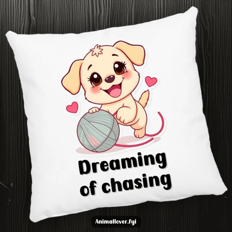 Funny Puppy Pillow: A soft decorative pillow featuring a joyful puppy comically chasing a yarn ball with a heart.