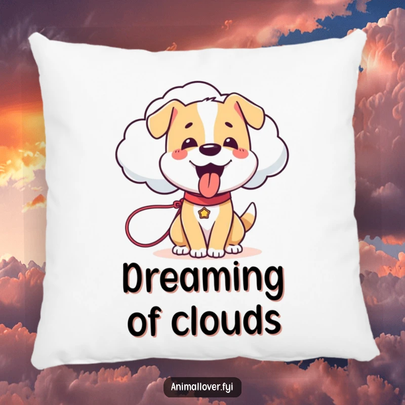 Funny Dog Pillow: A soft decorative pillow featuring a happy dog holding a leash attached to a sentient cloud.