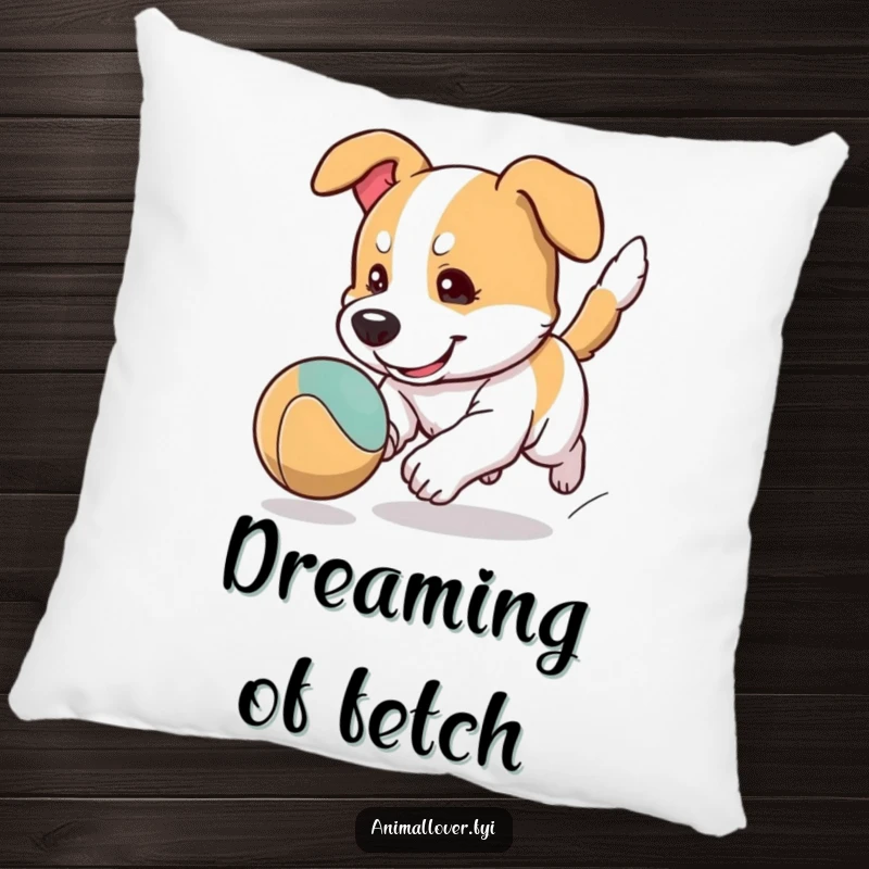 Funny dog pillow featuring a cartoon dog character intensely focused on chasing a bouncing ball, offering soft comfort and humor.