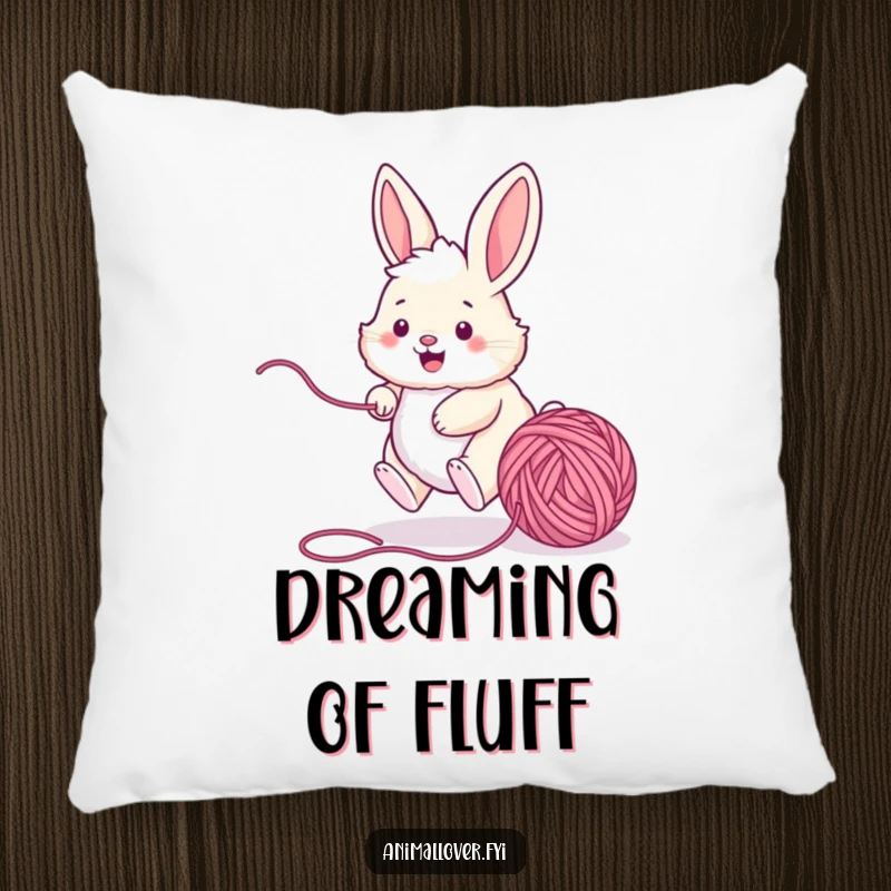 Funny bunny pillow design featuring a cute, fluffy rabbit in pursuit of a ball of yarn, ideal for adding playful decor.