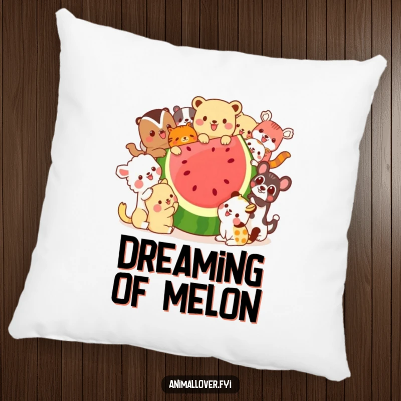 Funny pillow adorned with a whimsical scene of various animals gleefully sharing a huge watermelon slice, offering comfort and humor.