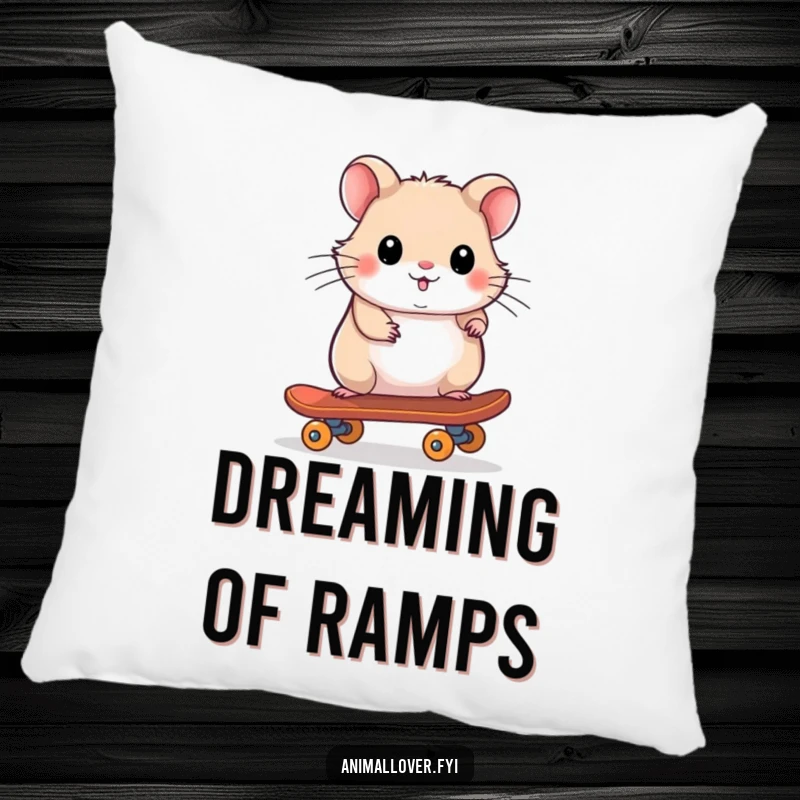 Funny pillow with a playful hamster riding a tiny skateboard, perfect for adding comfort and cool vibes.
