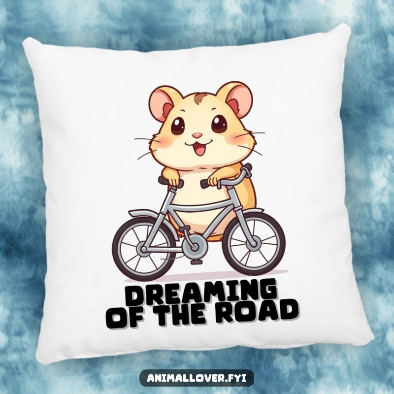 Funny Pillow featuring a happy hamster with wide eyes, riding a tiny bicycle, bringing cozy amusement to any room.
