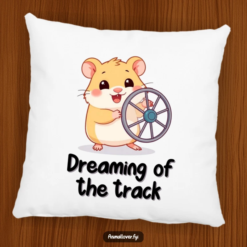 Funny pillow featuring a content hamster holding a small toy wheel, appearing ready for a playful, miniature workout session.