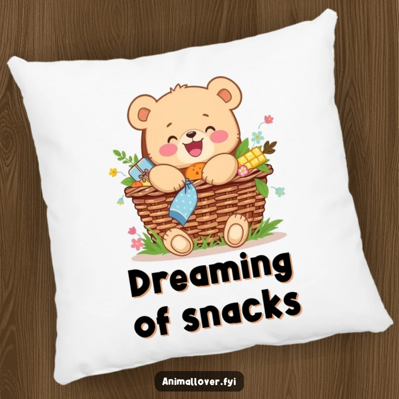 Funny pillow featuring a joyful bear cub hugging an overflowing picnic basket, soft and cozy.