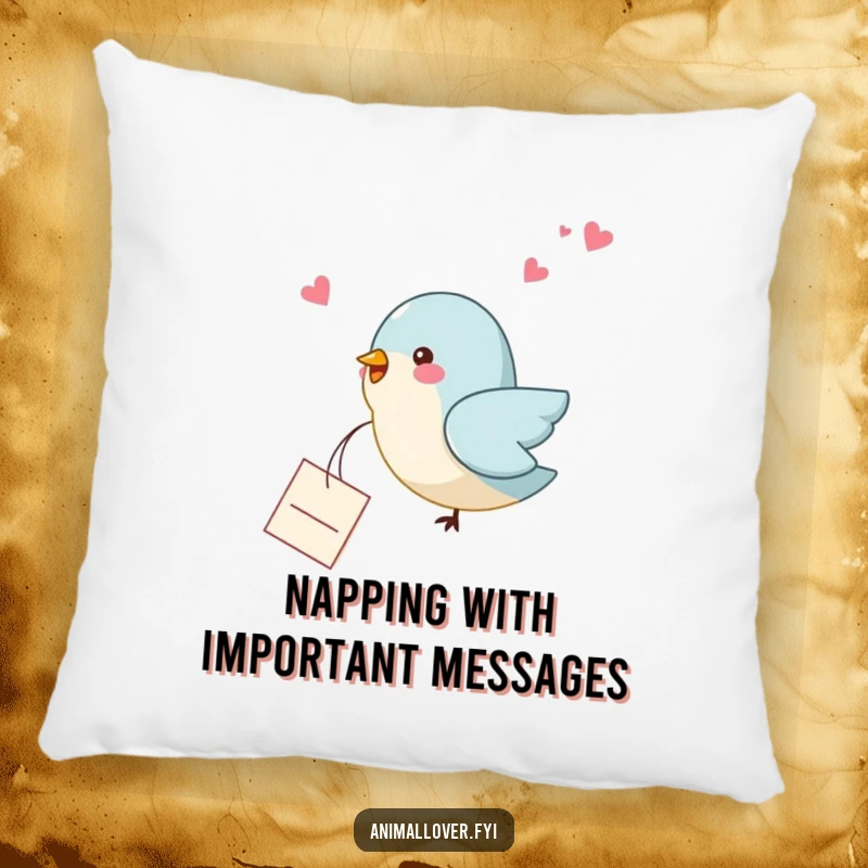 Funny bird pillow featuring a bird dropping a small, heartfelt note, providing comfort and a touch of humorous sweetness.