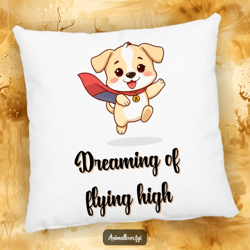 Funny pillow design of a brave, jumping puppy wearing a superhero cape, adding a touch of heroic humor.