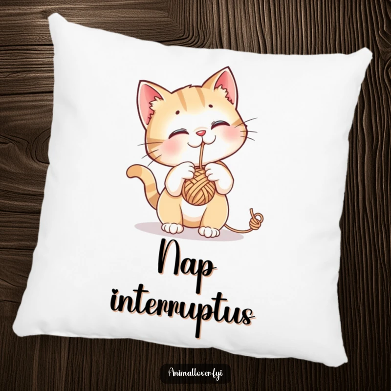 Funny pillow featuring a curious cat batting at a dangling ball of yarn, perfect for adding comfort and humor.