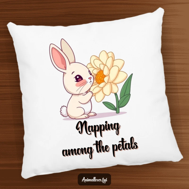 Funny pillow design of a curious rabbit sniffing a giant flower, adding natural charm and humor.