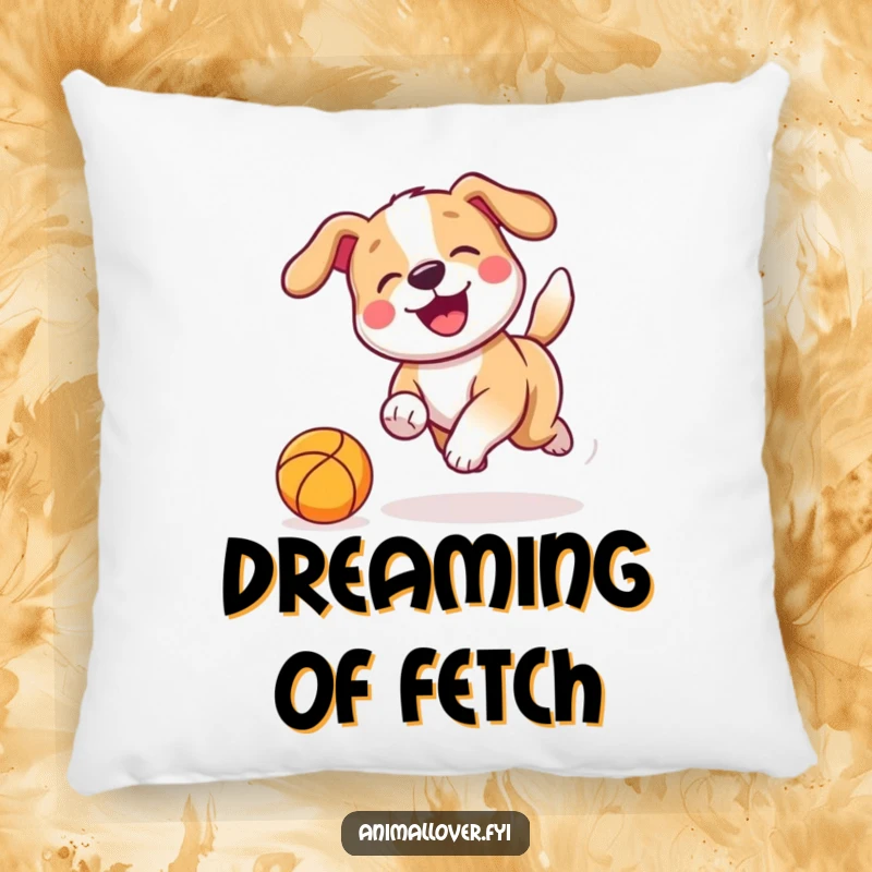 Funny Pillow design of a playful dog with a wagging tail enthusiastically chasing a bouncing ball, radiating happiness.